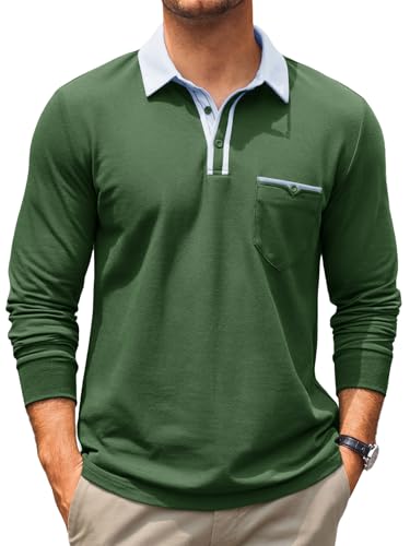 Runcati Herren Poloshirt Langarm Strick Golf Polohemd Männer Kontrastfarbe Ausschnitt Polo T-Shirt Regular Fit Freizeit Sport Oberteile Tops Armeegrün XL von Runcati