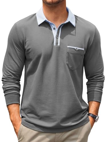 Runcati Herren Poloshirt Langarm Strick Golf Polohemd Männer Kontrastfarbe Ausschnitt Polo T-Shirt Regular Fit Freizeit Sport Oberteile Tops Grau L von Runcati