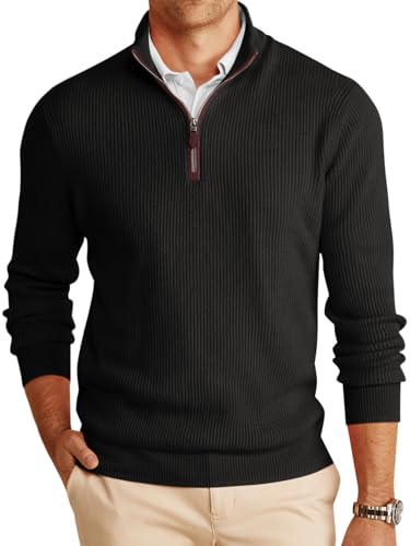 Runcati Herren Pullover 1/4 Zip Mock Neck Strickpullover Leichter Turtleneck Feinstrick Sweater Männer Winter Basic Polo Pulli Schwarz L von Runcati