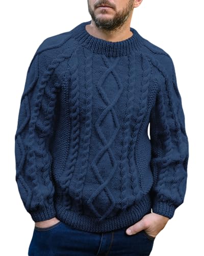 Runcati Herren Pullover Kabel Stricken Winter Rundhals Langarm Warm Pullover Einfarbige Vintage Regular Fit Strickpullover,Blau,M von Runcati