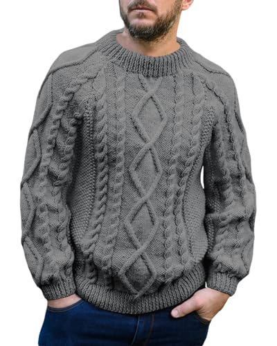 Runcati Herren Pullover Kabel Stricken Winter Rundhals Langarm Warm Pullover Einfarbige Vintage Regular Fit Strickpullover,Grau,XL von Runcati