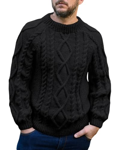 Runcati Herren Pullover Kabel Stricken Winter Rundhals Langarm Warm Pullover Einfarbige Vintage Regular Fit Strickpullover,Schwarz,XXL von Runcati