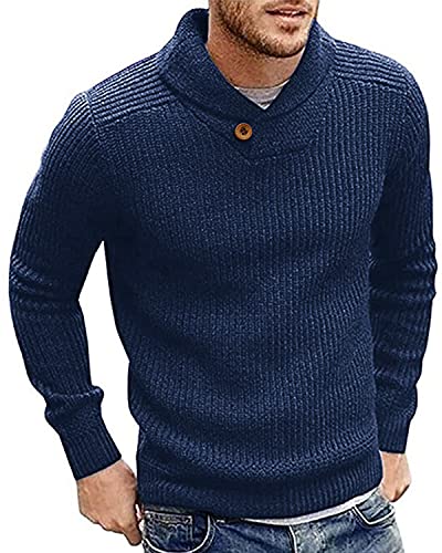 Runcati Herren Pullover Schalkragen Strickpullover Leichte Feinstrick Sweater Regular Fit Freizeit Winterpullover Einfarbig Elegant Pulli Shirt, Blau, XXL von Runcati