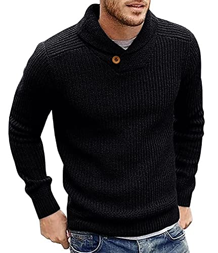 Runcati Herren Pullover Schalkragen Strickpullover Leichte Feinstrick Sweater Regular Fit Freizeit Winterpullover Einfarbig Elegant Pulli Shirt, Schwarz, M von Runcati