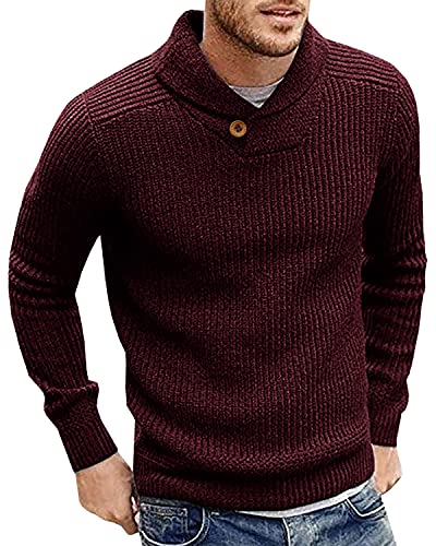 Runcati Herren Pullover Schalkragen Strickpullover Leichte Feinstrick Sweater Regular Fit Freizeit Winterpullover Einfarbig Elegant Pulli Shirt, Weinrot, M von Runcati