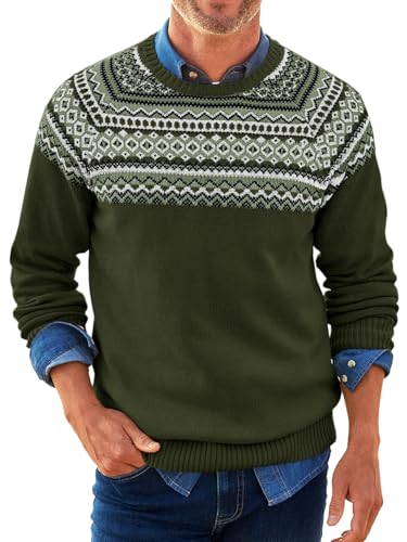 Runcati Herren Pullover Weihnachten Strickpullover Rundhals Fair Isle Sweater Langarm Männer Winter Basic Casual Pulli,Armeegrün,XXL von Runcati