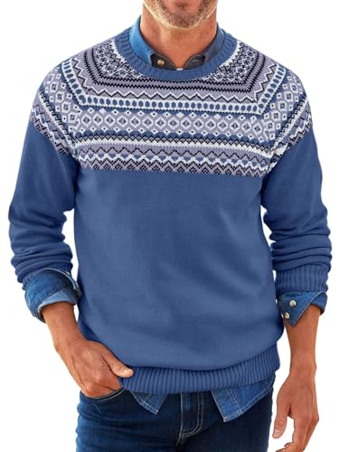 Runcati Herren Pullover Weihnachten Strickpullover Rundhals Fair Isle Sweater Langarm Männer Winter Basic Casual Pulli,Blau,XXL von Runcati