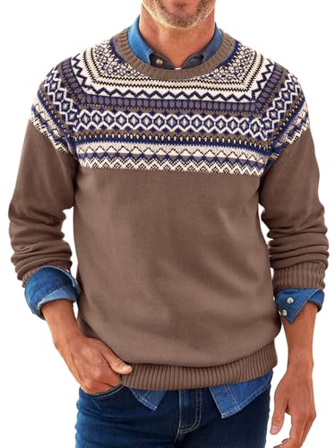 Runcati Herren Pullover Weihnachten Strickpullover Rundhals Fair Isle Sweater Langarm Männer Winter Basic Casual Pulli,Kaffee,L von Runcati