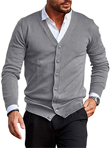 Runcati Herren Strickjacke Kragenlos V Ausschnitt Cardigan Gestrickt Hemd Jacke Leicht Übergangsjacke Hellgrau XXL von Runcati