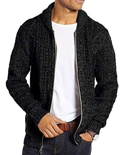 Runcati Herren Strickjacke Langarm Kragen Cardigan mit Zopfmuster Reißverschluss Jacke Gestrickt für Hemd und Shirt Schwarz L von Runcati