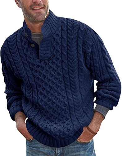 Runcati Herren-Strickpullover, grober Knopfausschnitt, lässiger Strickpullover mit Zopfmuster, blau, Large Runcati Herren-Strickpullover, grober Knopfausschnitt, lässiger Strickpullover mit Zopfmuster, blau, Large von Runcati