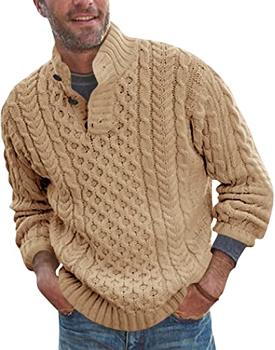 Runcati Herren-Strickpullover, grober Knopfausschnitt, lässiger Strickpullover mit Zopfmuster, khaki, X-Large von Runcati