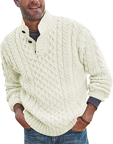 Runcati Herren-Strickpullover, grober Knopfausschnitt, lässiger Strickpullover mit Zopfmuster, weiß, Medium von Runcati