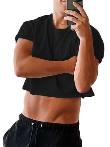 Runcati Herren T-Shirt Krawatte Dye Crop Tops mit Rundhals-Ausschnitt, Unisex Baumwolle Sommer Kurzarm Workout Hot Shirts Männer Schwarz XXL von Runcati