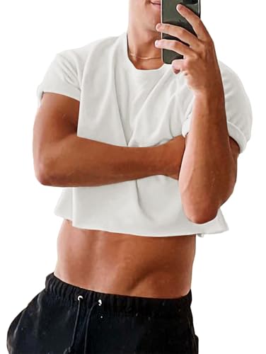 Runcati Herren T-Shirt Krawatte Dye Crop Tops mit Rundhals-Ausschnitt, Unisex Baumwolle Sommer Kurzarm Workout Hot Shirts Männer Weiß S von Runcati