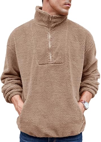 Runcati Herren Teddy Fleece Pullover Umlegekragen Flauschig Plüsch Hoodie Fuzzy Oberteile Ausschnitt Taschen Reißverschluss Sweatshirt Beige M von Runcati