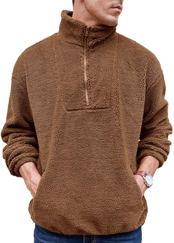 Runcati Herren Teddy Fleece Pullover Umlegekragen Flauschig Plüsch Hoodie Fuzzy Oberteile Ausschnitt Taschen Reißverschluss Sweatshirt Braun XL von Runcati