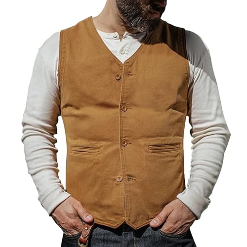 Runcati Herren Weste Slim Fit Baumwolle V-Auschnitt Ärmellose Vintage Elegant Business Casual Klassisch Basic 4 Knöpfen Anzugweste Khaki L von Runcati