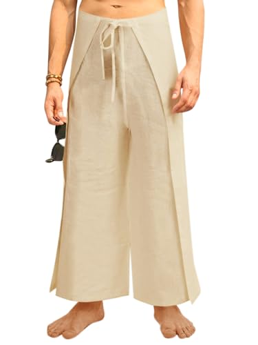 Runcati Herren-Wickelhose aus Leinen, Thailändisch, Angler, Yoga, Strand, Hippie, leicht, lockere Passform, Beige, Mittel von Runcati