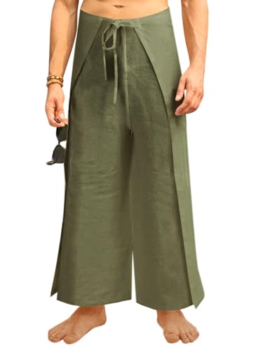 Runcati Herren-Wickelhose aus Leinen, Thailändisch, Angler, Yoga, Strand, Hippie, leicht, lockere Passform, Grün (Army Green), Groß von Runcati