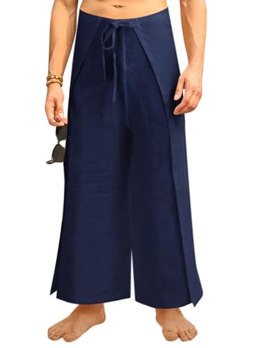 Runcati Herren-Wickelhose aus Leinen, Thailändisch, Angler, Yoga, Strand, Hippie, leicht, lockere Passform, Marineblau, Groß von Runcati