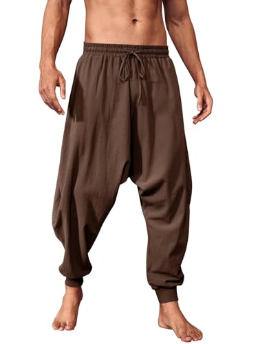 Runcati Hosen Herren Einfarbig Loose Fit Sommerhose Wikinger Pirat Mittelalter Leicht Elastische Taille Baggy Freizeithose Mit Kordelzug Und Taschen Hippie Hose Braun M von Runcati