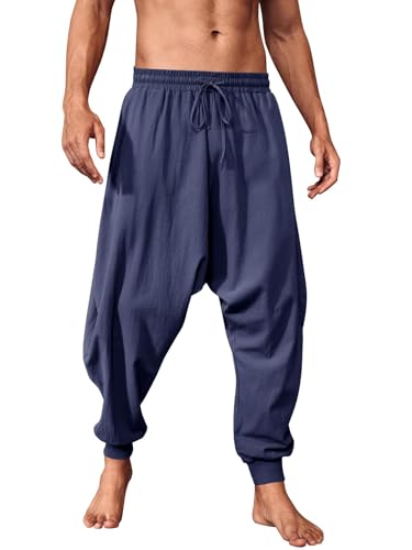 Runcati Hosen Herren Einfarbig Loose Fit Sommerhose Wikinger Pirat Mittelalter Leicht Elastische Taille Baggy Freizeithose Mit Kordelzug Und Taschen Hippie Hose Dunkelblau XXL von Runcati