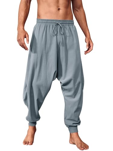 Runcati Hosen Herren Einfarbig Loose Fit Sommerhose Wikinger Pirat Mittelalter Leicht Elastische Taille Baggy Freizeithose Mit Kordelzug Und Taschen Hippie Hose Grau XXL von Runcati