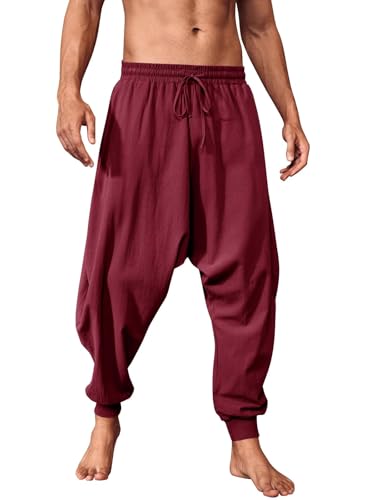 Runcati Hosen Herren Einfarbig Loose Fit Sommerhose Wikinger Pirat Mittelalter Leicht Elastische Taille Baggy Freizeithose Mit Kordelzug Und Taschen Hippie Hose Rot L von Runcati