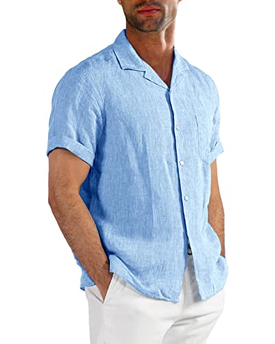 Runcati Kurzarm Leinenhemd Herren Kuba Baumwolle Freizeithemd Strand Shirts Sommer Männer Tops, Blau, L von Runcati