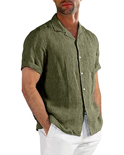 Runcati Kurzarm Leinenhemd Herren Kuba Baumwolle Freizeithemd Strand Shirts Sommer Männer Tops, Olivgrün, L von Runcati