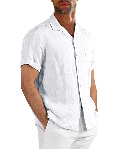 Runcati Kurzarm Leinenhemd Herren Kuba Baumwolle Freizeithemd Strand Shirts Sommer Männer Tops, Weiß, L von Runcati