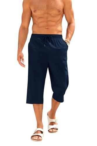 Runcati Kurze Hosen Herren Baumwolle Leinen Bermuda 3/4 Länge Sommerhose Yoga Jogger Casual Sweatpants Sportshorts Freizeithose Sweatshorts Herrenhose mit Taschen Dunkelblau M von Runcati