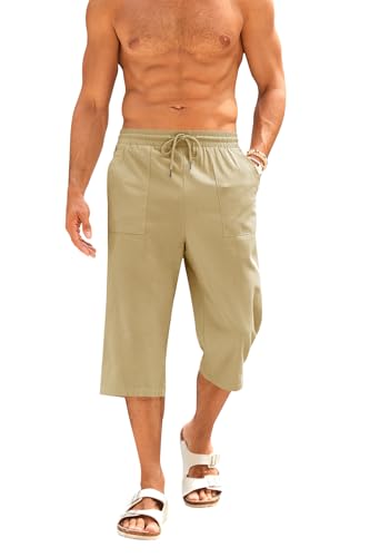 Runcati Kurze Hosen Herren Baumwolle Leinen Bermuda 3/4 Länge Sommerhose Yoga Jogger Casual Sweatpants Sportshorts Freizeithose Sweatshorts Herrenhose mit Taschen Khaki XXL von Runcati