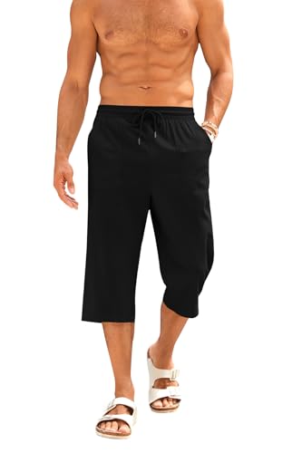 Runcati Kurze Hosen Herren Baumwolle Leinen Bermuda 3/4 Länge Sommerhose Yoga Jogger Casual Sweatpants Sportshorts Freizeithose Sweatshorts Herrenhose mit Taschen Schwarz L von Runcati
