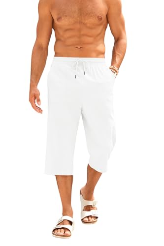 Runcati Kurze Hosen Herren Baumwolle Leinen Bermuda 3/4 Länge Sommerhose Yoga Jogger Casual Sweatpants Sportshorts Freizeithose Sweatshorts Herrenhose mit Taschen Weiß XL von Runcati