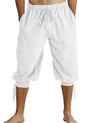 Runcati Kurze Hosen Herren Pluderhose mit Schnürung Wikinger Sommerhose Pirat Mittelalter Kostüm Freizeit Strand Shorts, Weiß, L von Runcati