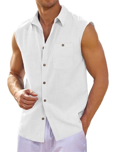 Runcati Leinenhemd Herren Ärmellos Umlegekragen Hemd Männer Strand Sommerhemd Freizeit Tank Top Basic Shirt Weste mit Tasche, Weiß, M von Runcati