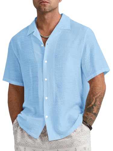 Runcati Leinenhemd Herren Freizeithemd Herren Kurzarm Sommerhemd Business Shirts Strandhemd für Männer, Blau, L von Runcati