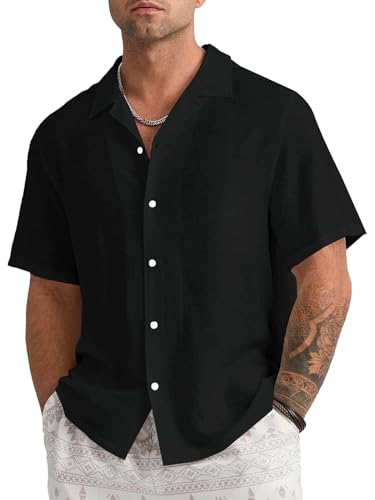 Runcati Leinenhemd Herren Freizeithemd Herren Kurzarm Sommerhemd Business Shirts Strandhemd für Männer, Schwarz, L von Runcati