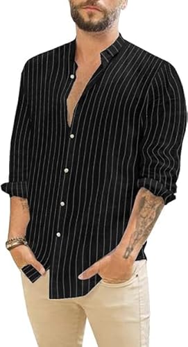 Runcati Leinenhemd Herren Hemd Sommer Langarmhemd Gestreifte Freizeithemden Baumwolle Shirt Regular Fit Strandhemd Schwarz M von Runcati