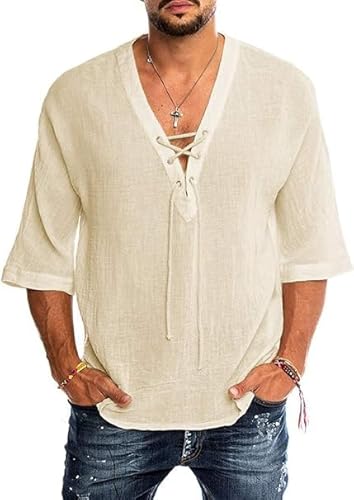 Runcati Leinenhemd Herren Kurzarm Sommerhemd Herren Freizeithemd mit V Ausschnitt Loose Fit Vintage Mittelalter Shirt Beige XL von Runcati