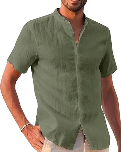 Runcati Leinenhemd Herren Sommer Kurzarm Freizeithemd Regular Fit Strandhemd Einfarbig Casual Shirts Armeegrün M von Runcati