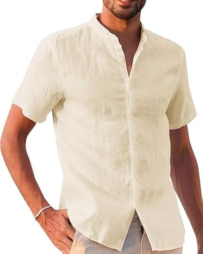 Runcati Leinenhemd Herren Sommer Kurzarm Freizeithemd Regular Fit Strandhemd Einfarbig Casual Shirts Beige XXL von Runcati