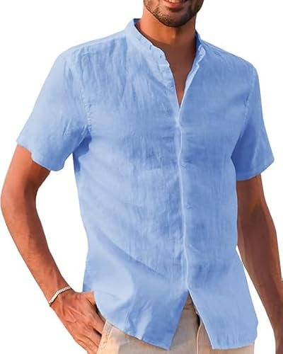 Runcati Leinenhemd Herren Sommer Kurzarm Freizeithemd Regular Fit Strandhemd Einfarbig Casual Shirts Blau XXL von Runcati