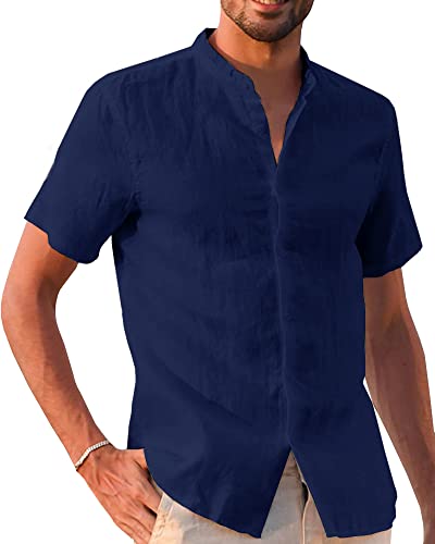 Runcati Leinenhemd Herren Sommer Kurzarm Freizeithemd Regular Fit Strandhemd Einfarbig Casual Shirts Dunkelblau L von Runcati