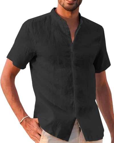 Runcati Leinenhemd Herren Sommer Kurzarm Freizeithemd Regular Fit Strandhemd Einfarbig Casual Shirts Schwarz M von Runcati