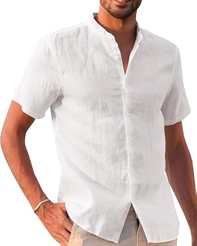 Runcati Leinenhemd Herren Sommer Kurzarm Freizeithemd Regular Fit Strandhemd Einfarbig Casual Shirts Weiß XL von Runcati