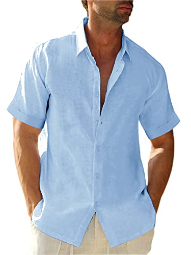 Runcati Leinenhemd Herren Sommer Kurzarmhemd Freizeithemd Sommerhemd Strandhemd Business Shirts für Männer, Blau, M von Runcati