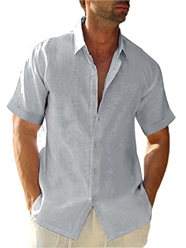 Runcati Leinenhemd Herren Sommer Kurzarmhemd Freizeithemd Sommerhemd Strandhemd Business Shirts für Männer, Grau, L von Runcati